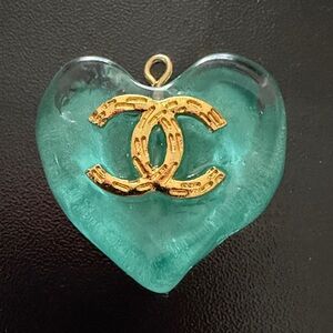 CHANEL Teal Heart Pendant with Gold Logo
